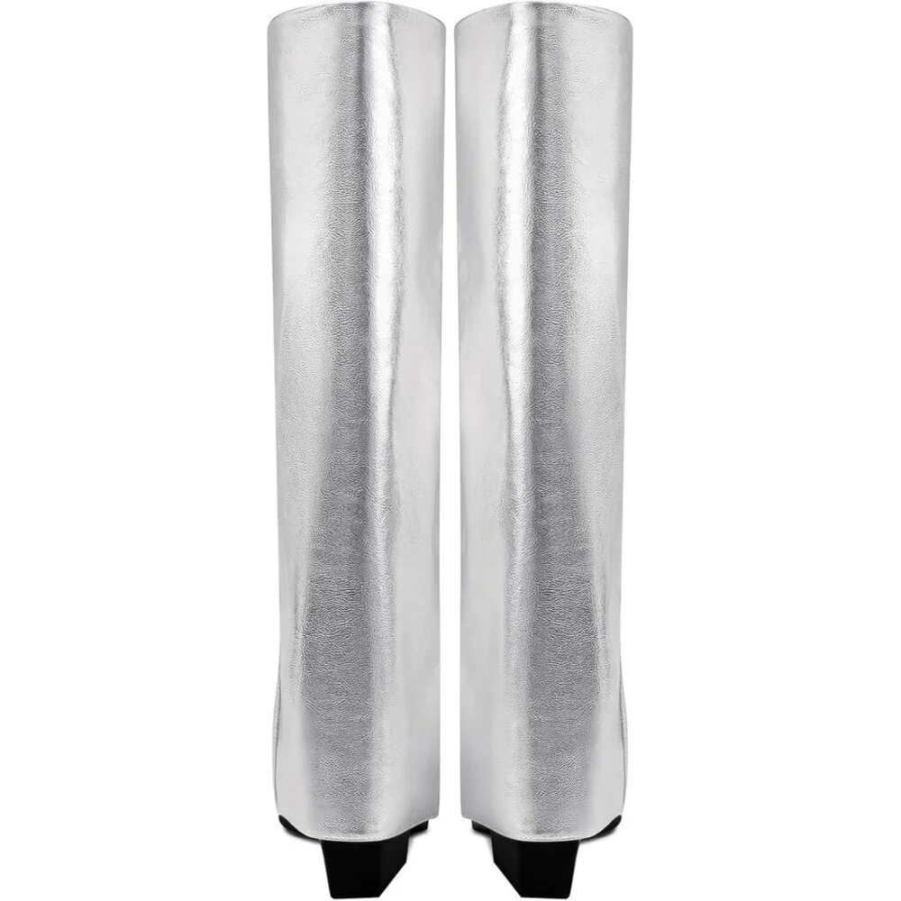 Women Silver Wide Calf Slouchy Shark Pointed Toe Fold Over Knee High Tall Boots